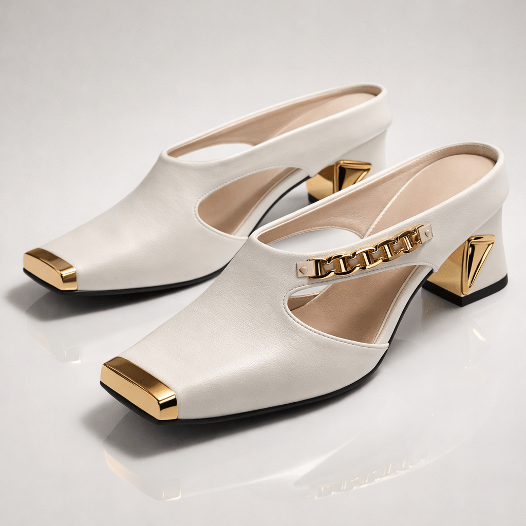 Aurea Tacones Mule Dorados con Bloque Esculpido