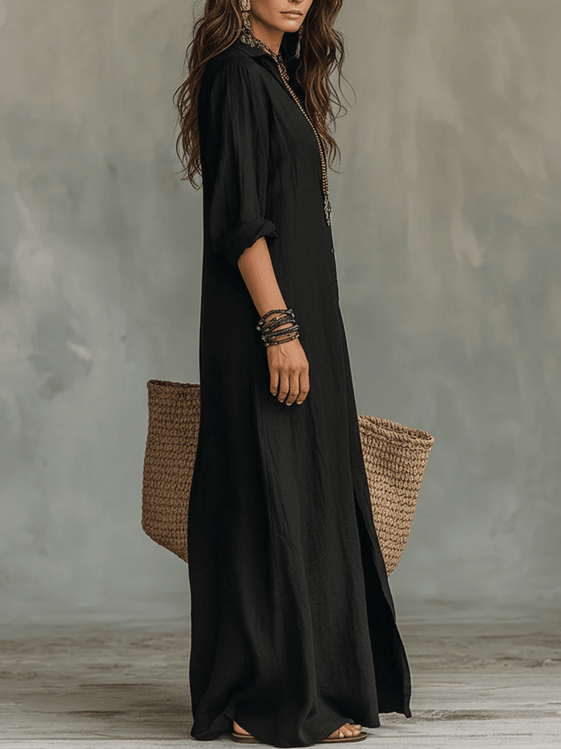 Soline | Loose Black Maxi Dress with Buttons