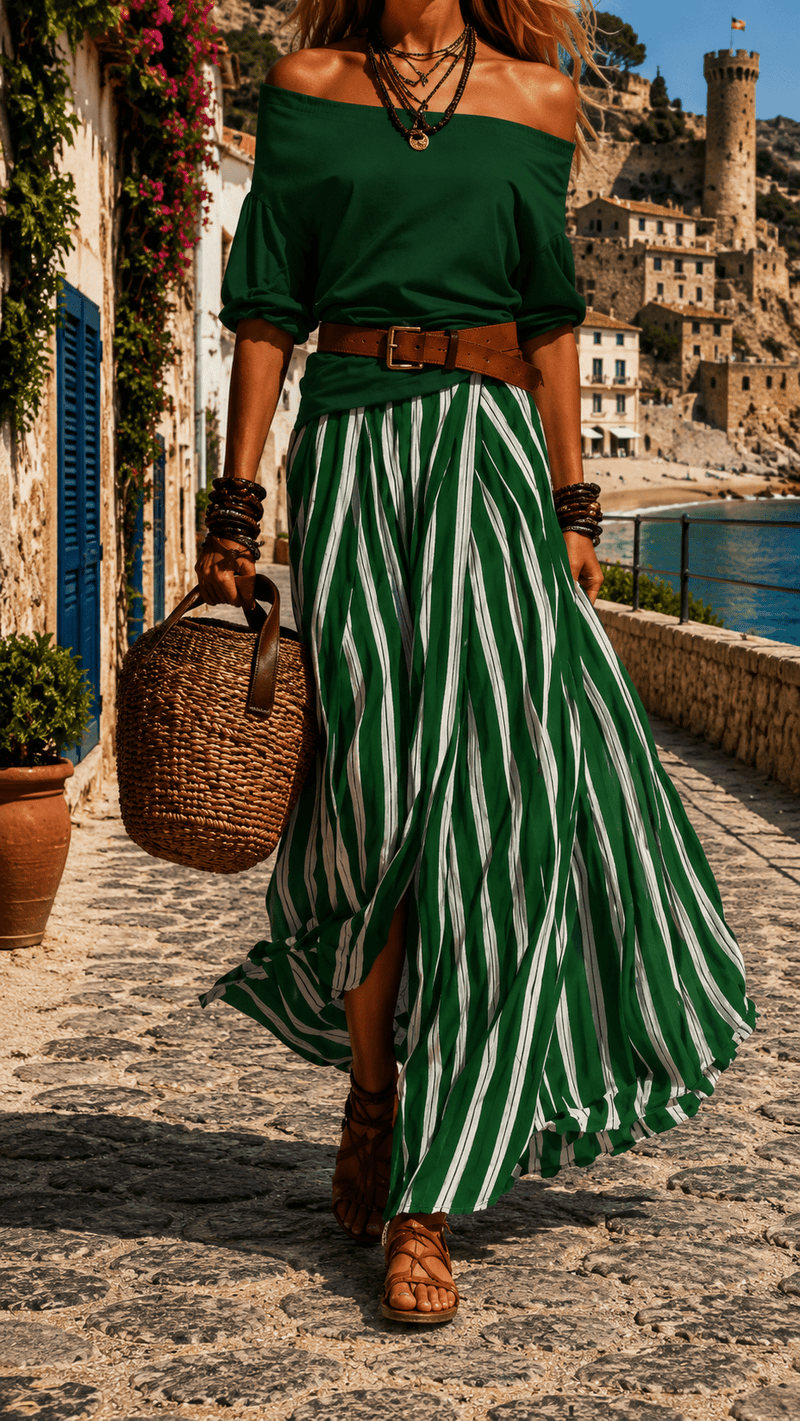 Porquerolles Set | Off-Shoulder Top & Striped Skirt