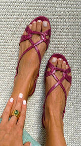 Low-heeled bronze open-toe slingback sandals with a snakeskin-effect finish