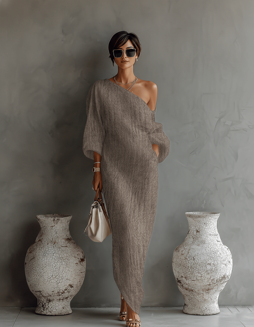 Vestido de lino color marfil con hombros descubiertos