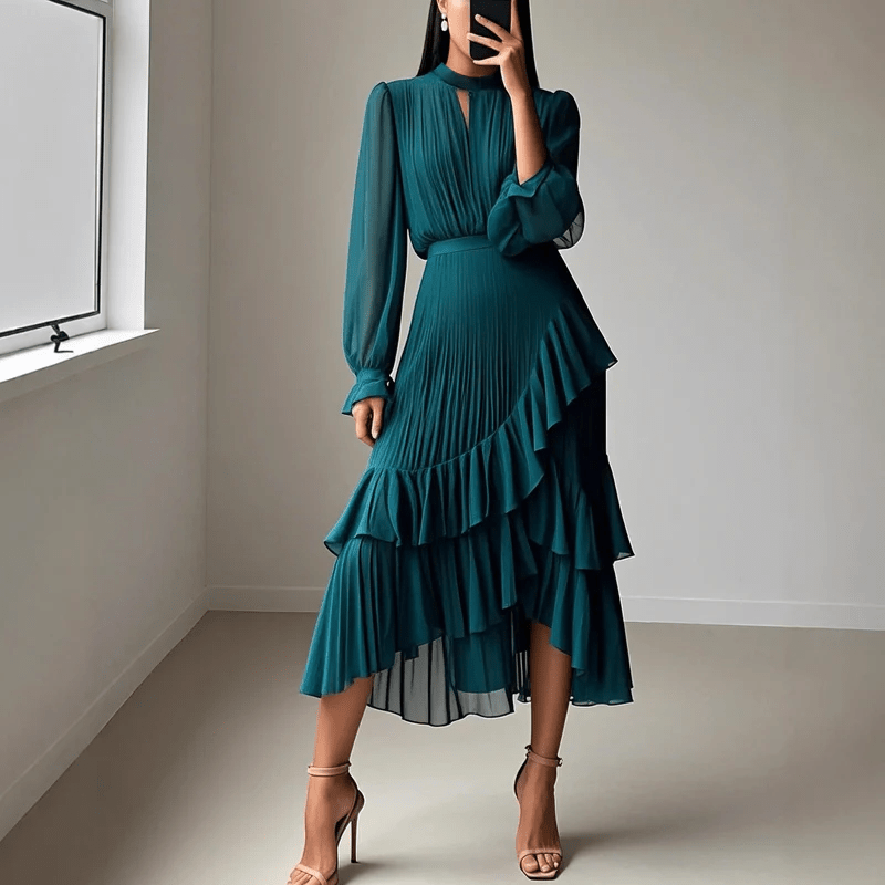Noelia - Vestido elegante con escote ojo de cerradura y volantes