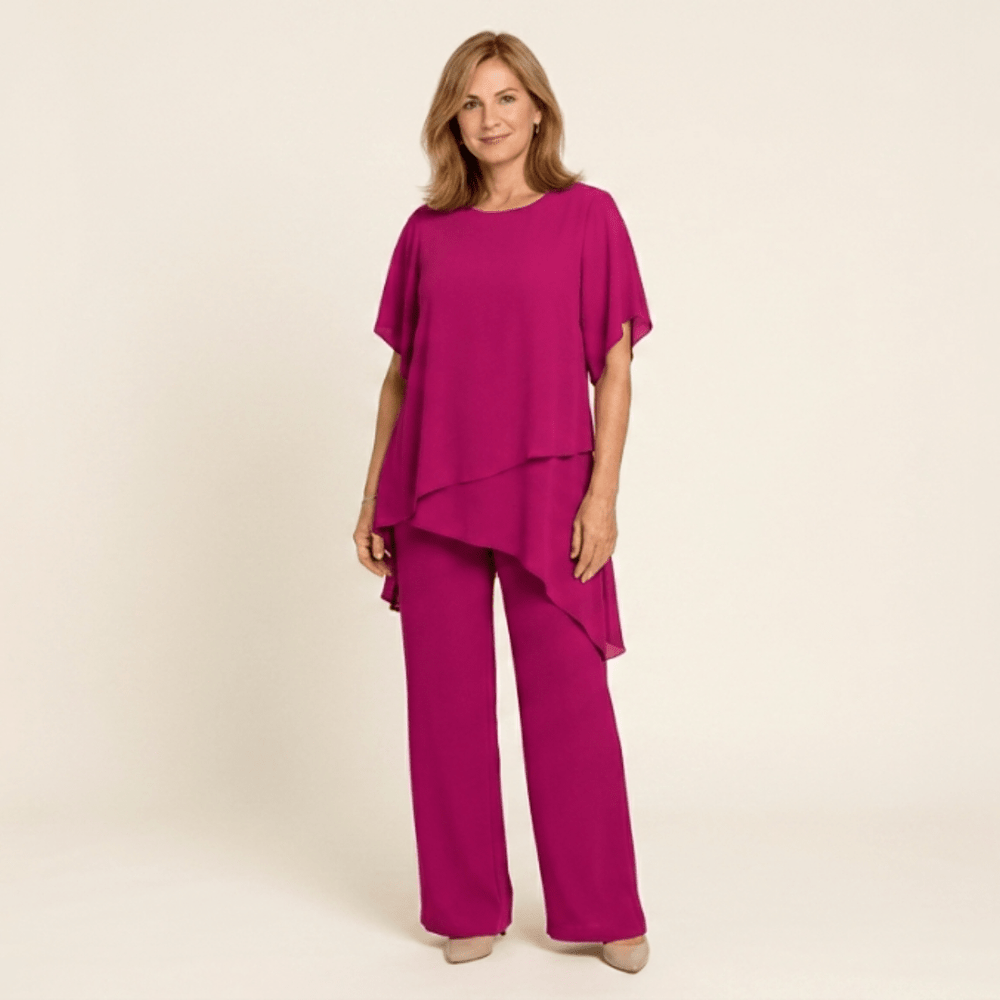 Nuria - Conjunto elegante con top asimétrico y pantalón ancho