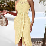Silvia - Vestido midi halter con encaje y abertura frontal