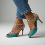 Roksana™ — Two-Tone Turquoise Gold Stiletto Sandals, Vibrant Elegance