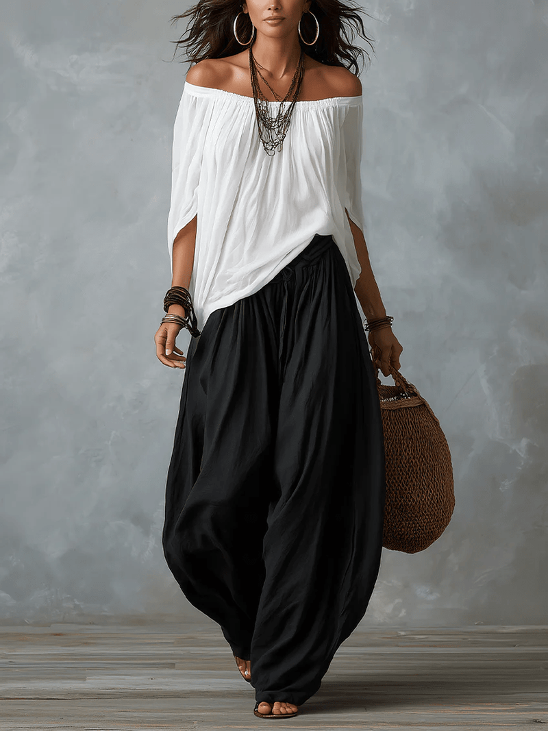 White Off-Shoulder Top & Flared Lantern Trousers Set