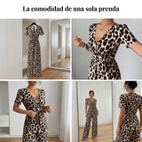 Lara - Mono de leopardo con escote en V y pierna ancha