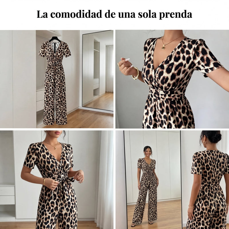 Lara - Mono de leopardo con escote en V y pierna ancha