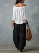 White Off-Shoulder Top & Flared Lantern Trousers Set