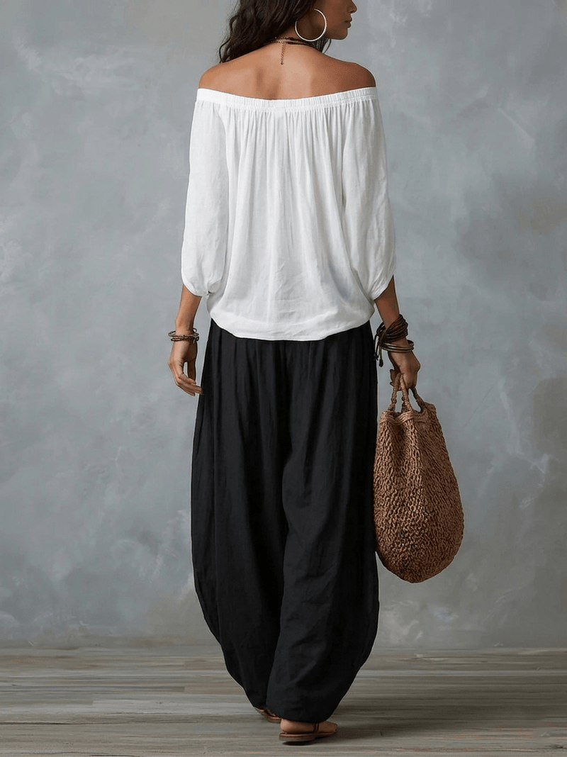 White Off-Shoulder Top & Flared Lantern Trousers Set