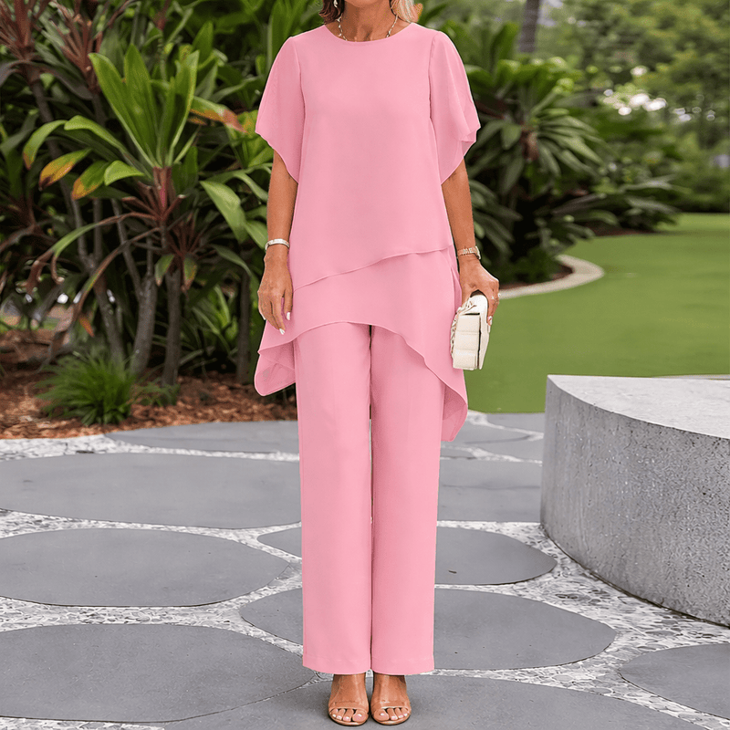 Nuria - Conjunto elegante con top asimétrico y pantalón ancho