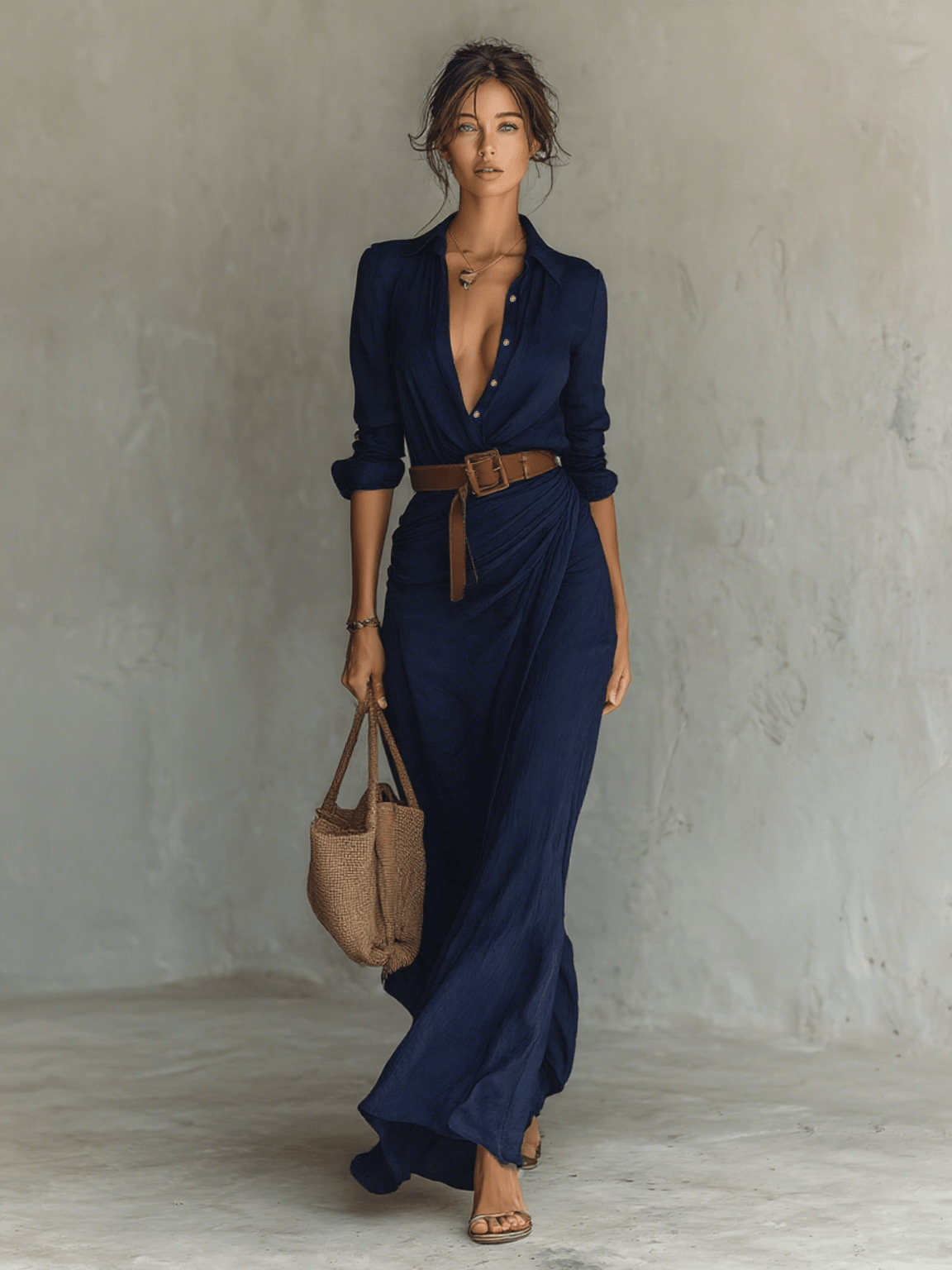 Vestido maxi de manga larga con cuello solapa