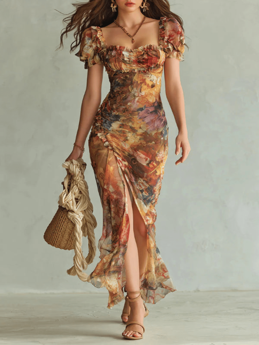 Vestido maxi elegante con escote cuadrado, manga corta y motivos florales