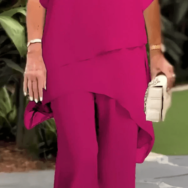 Nuria - Conjunto elegante con top asimétrico y pantalón ancho