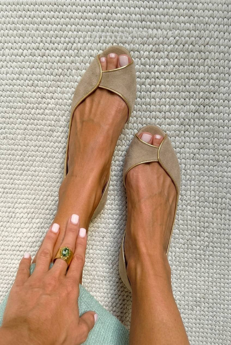 Beige and gold open-toe suede d'Orsay flats