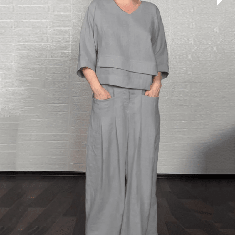 💎 Conjunto 2 Piezas de Algodón y Lino con Bajo Irregular – Top Escote en V + Pantalón Ancho, Transpirable y Elegante sin Esfuerzo 🍂👚