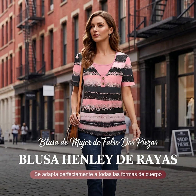 Carlota - Camiseta henley estampada de estilo casual