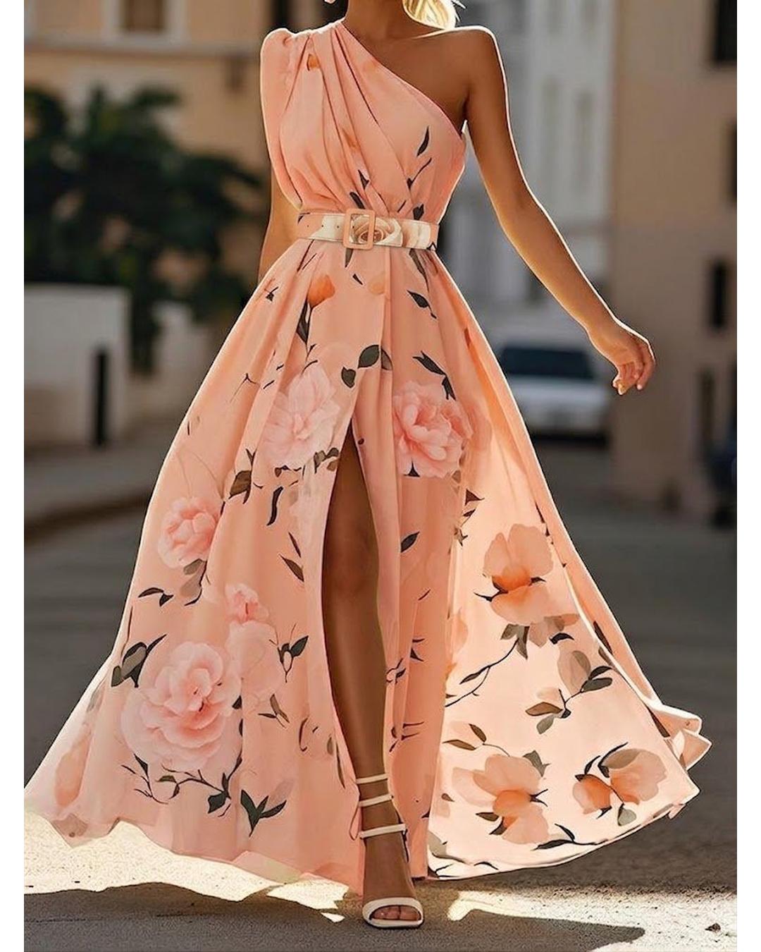 Aurora - Vestido largo floral de un solo hombro - Camila Fashions