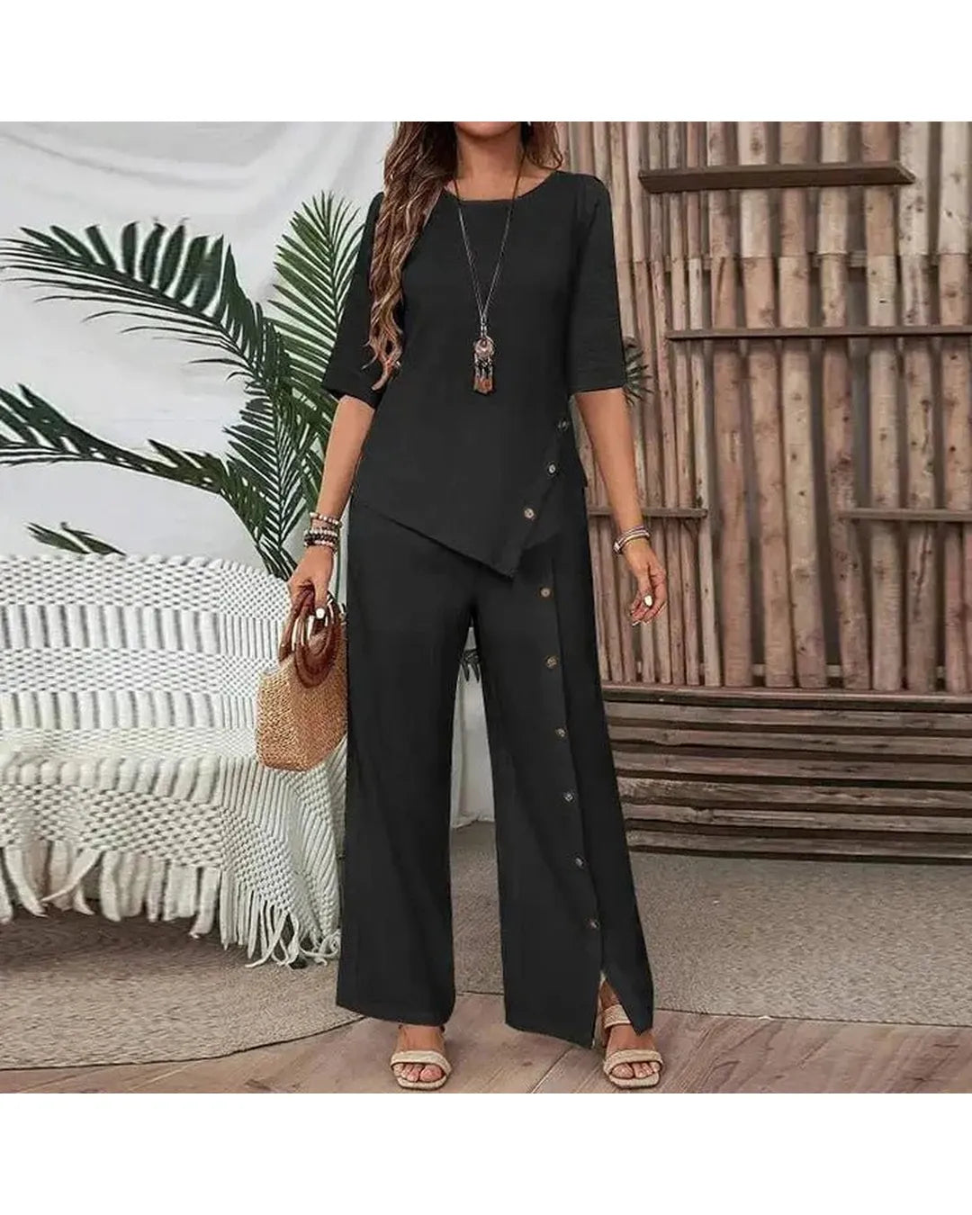 Elena - Conjunto elegante de top asimétrico y pantalón ancho - Camila Fashions
