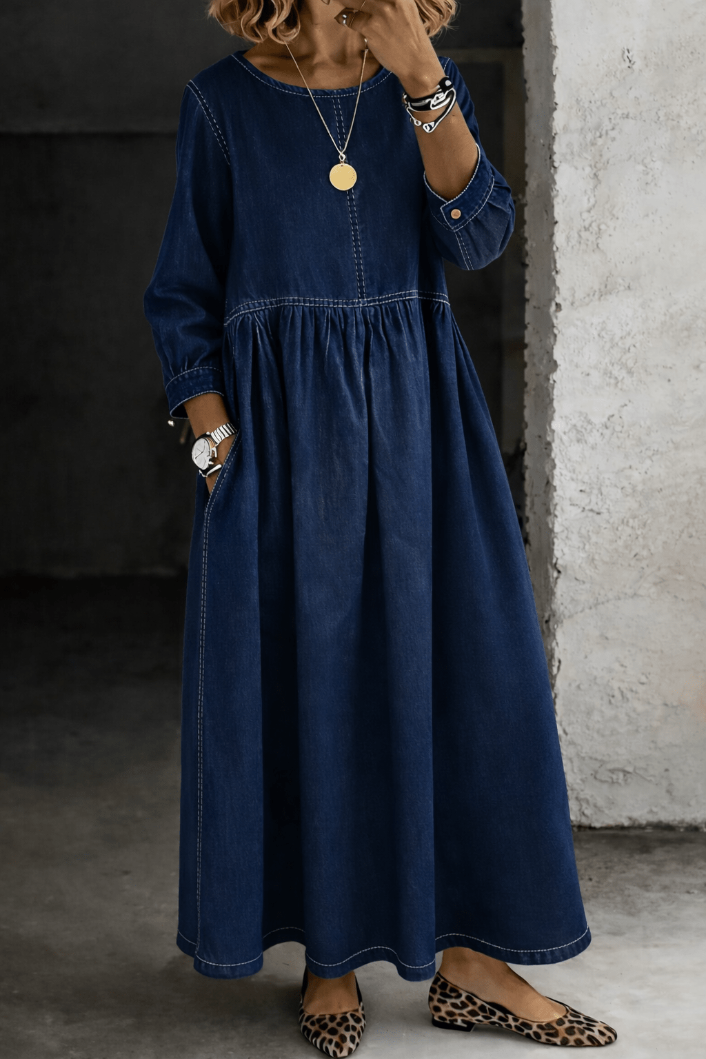 Melisa | Vestido vaquero de cuello redondo y manga larga