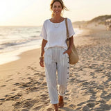 Salma - Pantalón recto de rayas con botones laterales