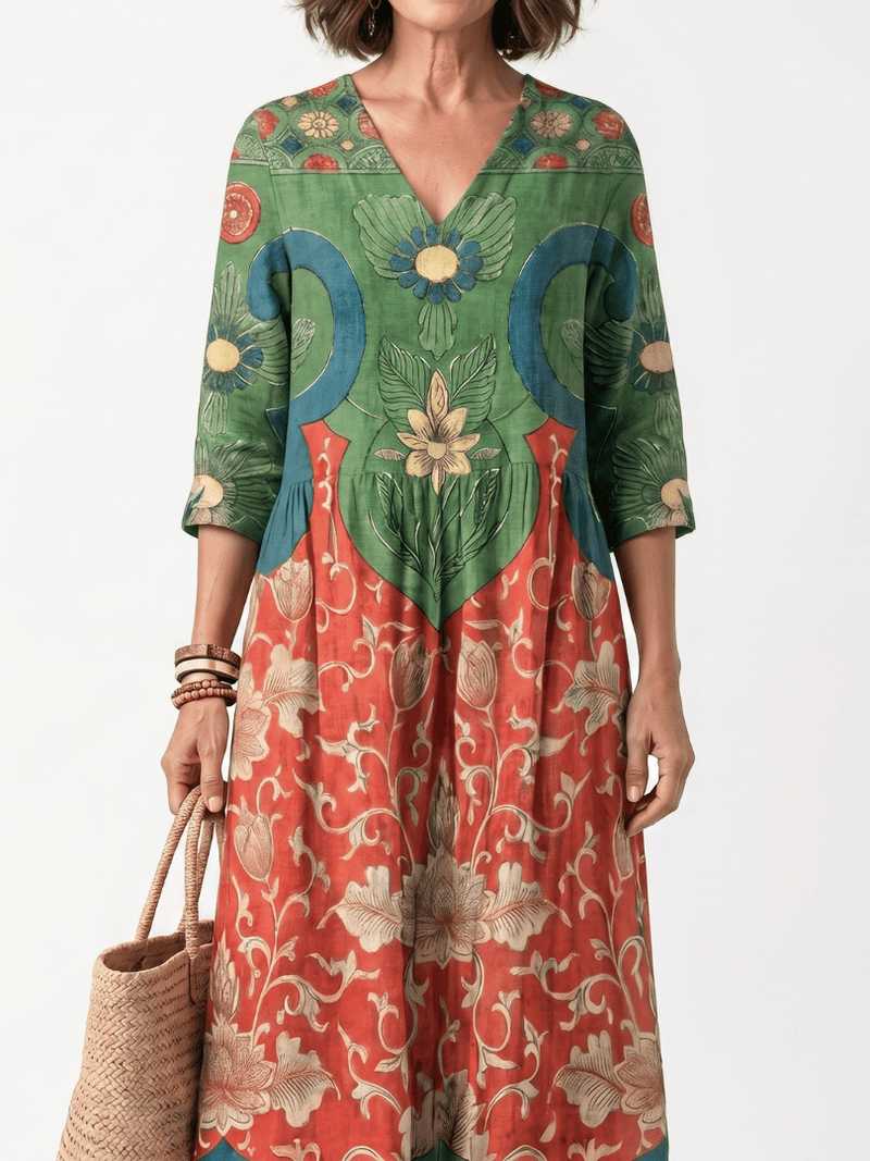 Sloane | Mixed Print V Neck Pocket Midi Dress