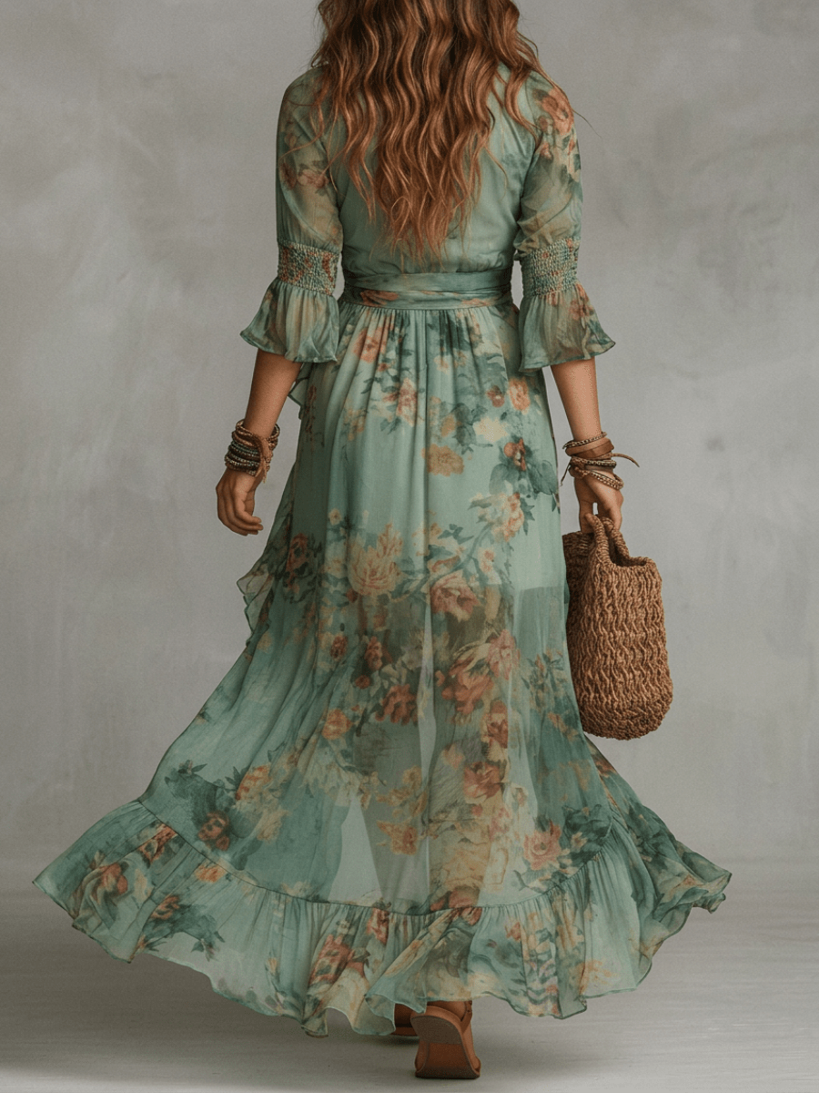 Vestido maxi de chifón verde hierba con volantes irregulares y abertura