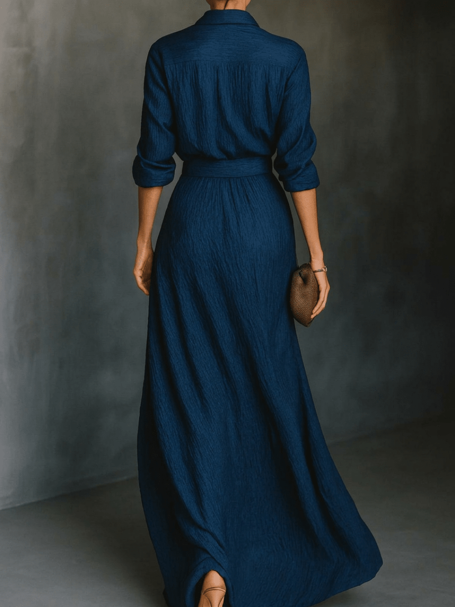 Conjunto elegante de camisa larga con manga larga y falda maxi plisada en color liso