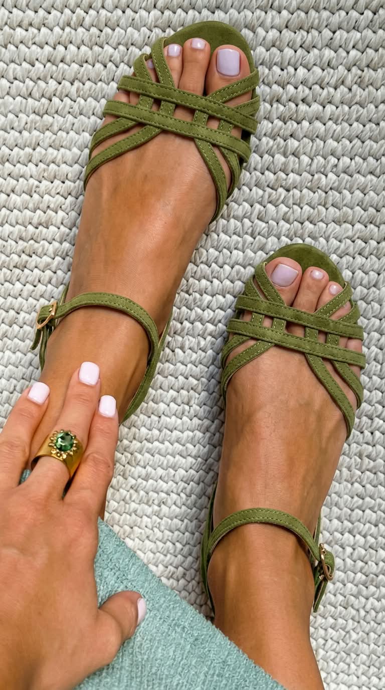 Low tan suede sandals with ankle buckle and multiple straps