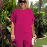 Nuria - Conjunto elegante con top asimétrico y pantalón ancho