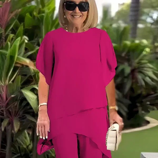 Nuria - Conjunto elegante con top asimétrico y pantalón ancho