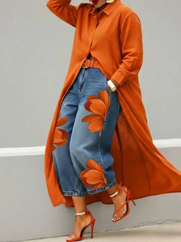 Maria | Conjunto Camisa Larga y Jeans Florales