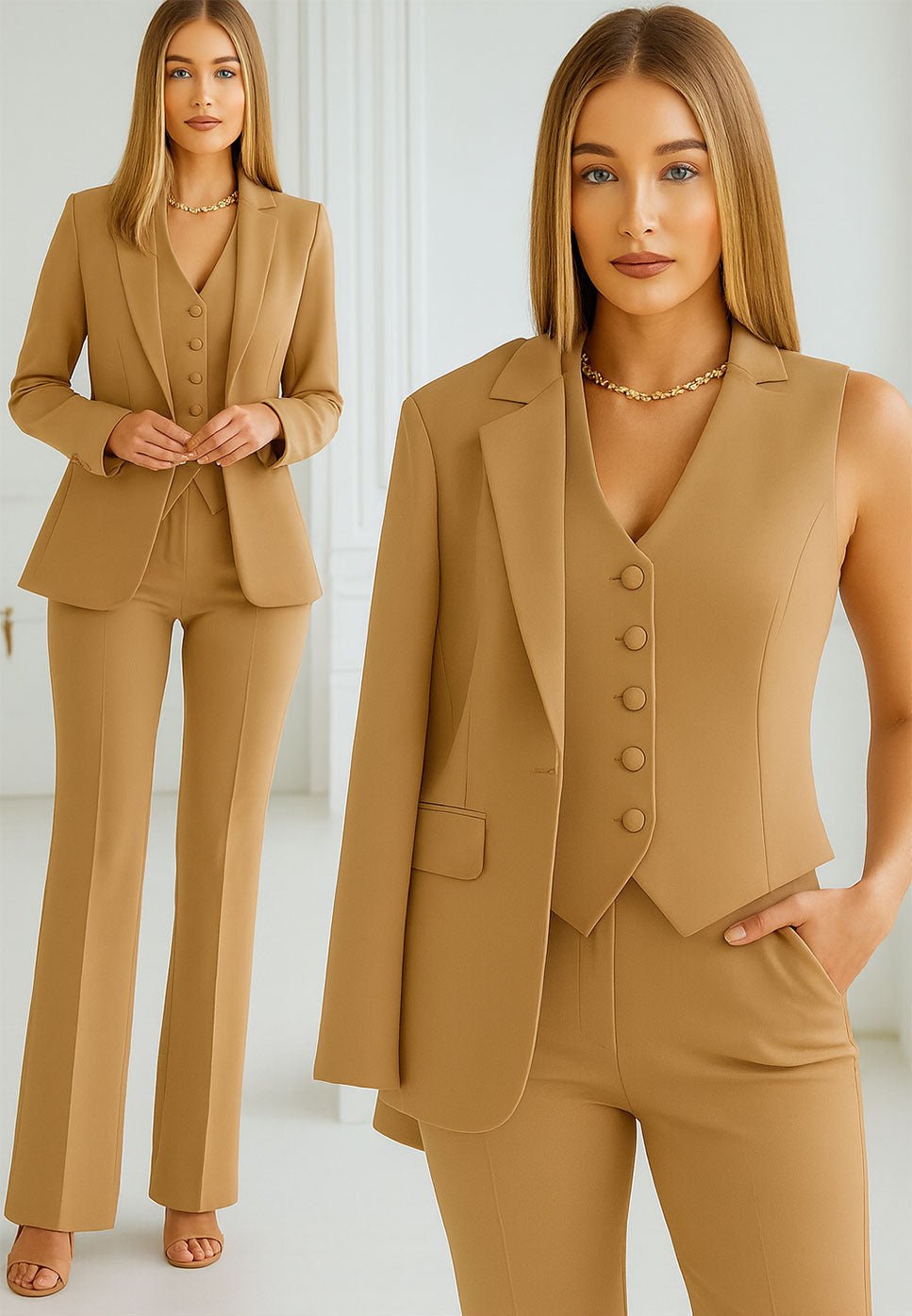 Traje curvy de mujer de 3 piezas con chaqueta, chaleco y pantalón en 6 colores
