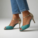 Roksana™ — Two-Tone Turquoise Gold Stiletto Sandals, Vibrant Elegance