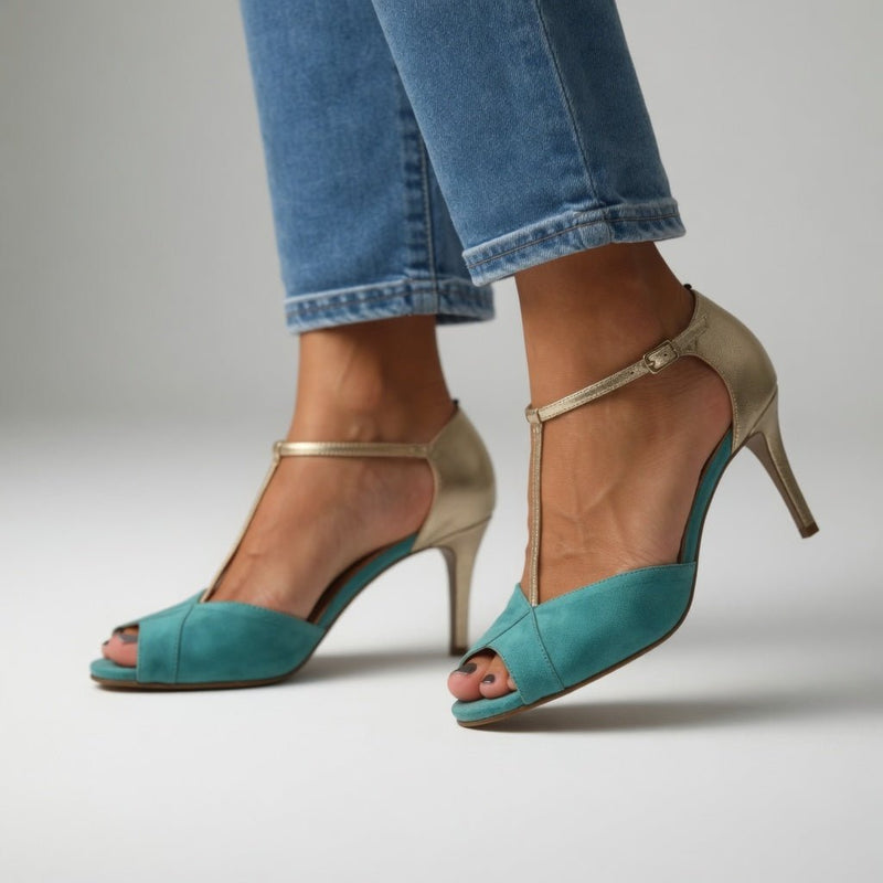 Roksana™ — Two-Tone Turquoise Gold Stiletto Sandals, Vibrant Elegance