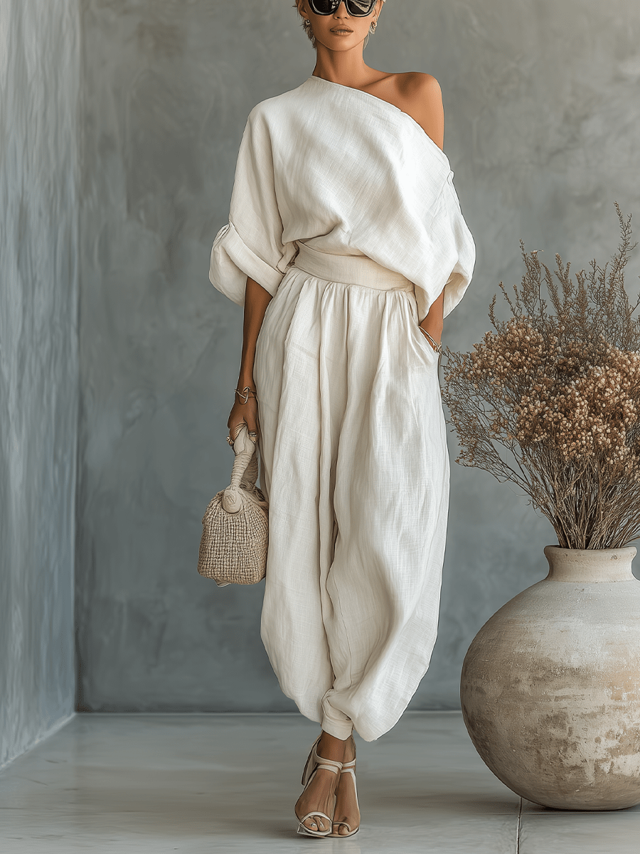 Conjunto de lino con top hombros descubiertos y pantalón