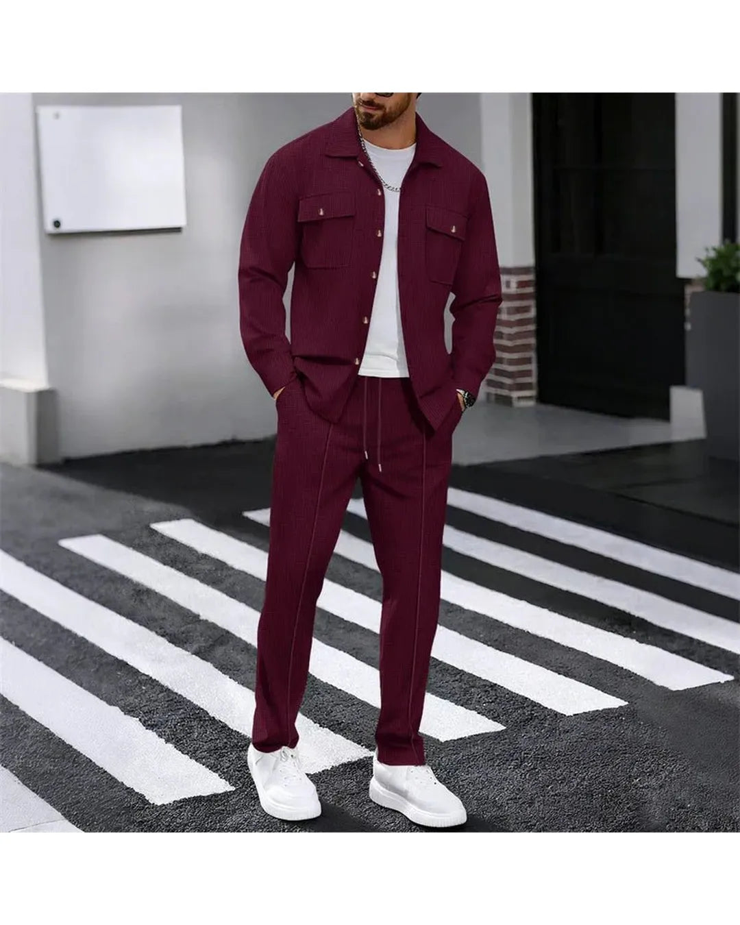 Iván – Conjunto de chaqueta abotonada y pantalón waffle - Camila Fashions