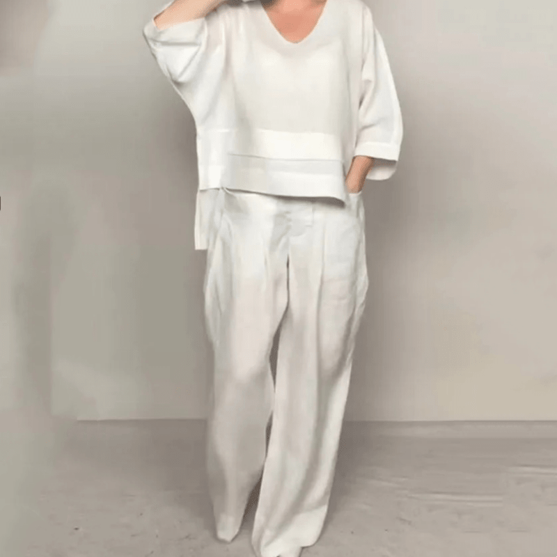 💎 Conjunto 2 Piezas de Algodón y Lino con Bajo Irregular – Top Escote en V + Pantalón Ancho, Transpirable y Elegante sin Esfuerzo 🍂👚