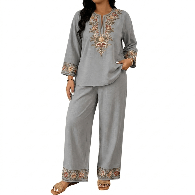 Alma - Conjunto bordado de manga larga y pantalón amplio