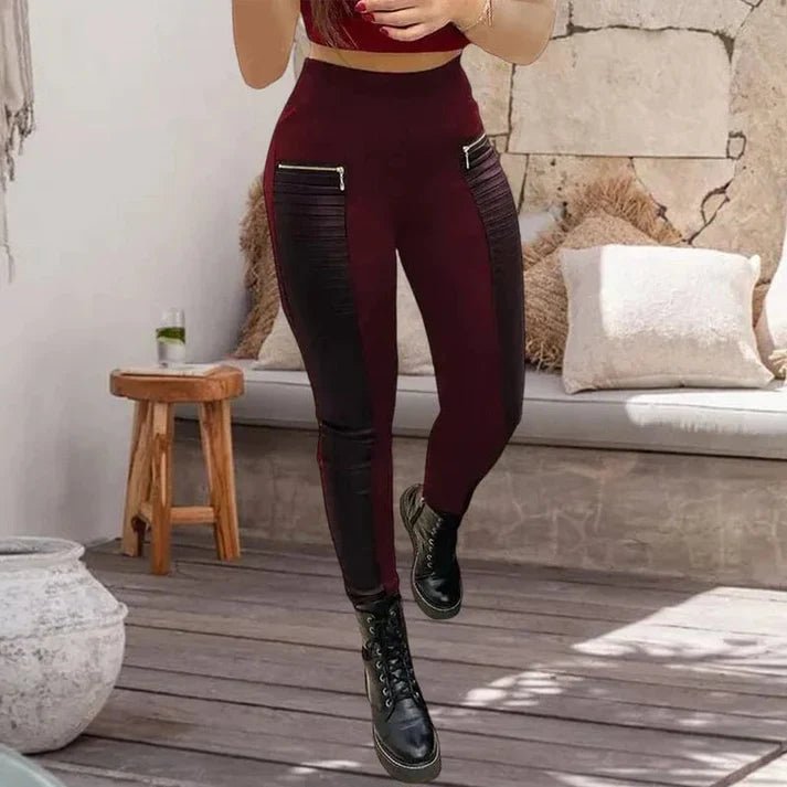 Daniela - Pantalón de cuero sintético con detalles en contraste y cremallera