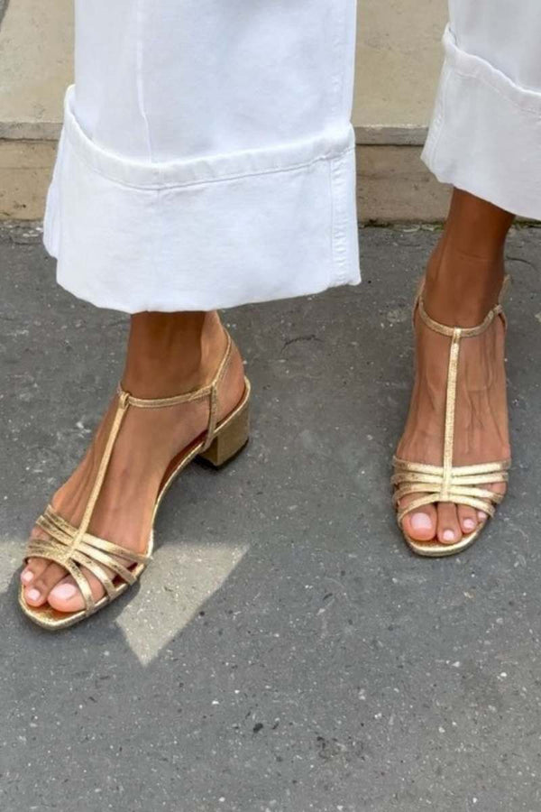 Metallic sandals with buckle, T-strap and block heel