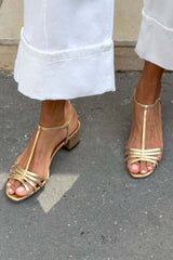 Metallic sandals with buckle, T-strap and block heel
