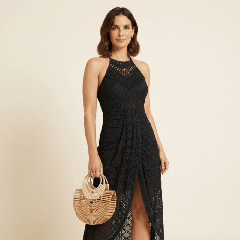 Silvia - Vestido midi halter con encaje y abertura frontal