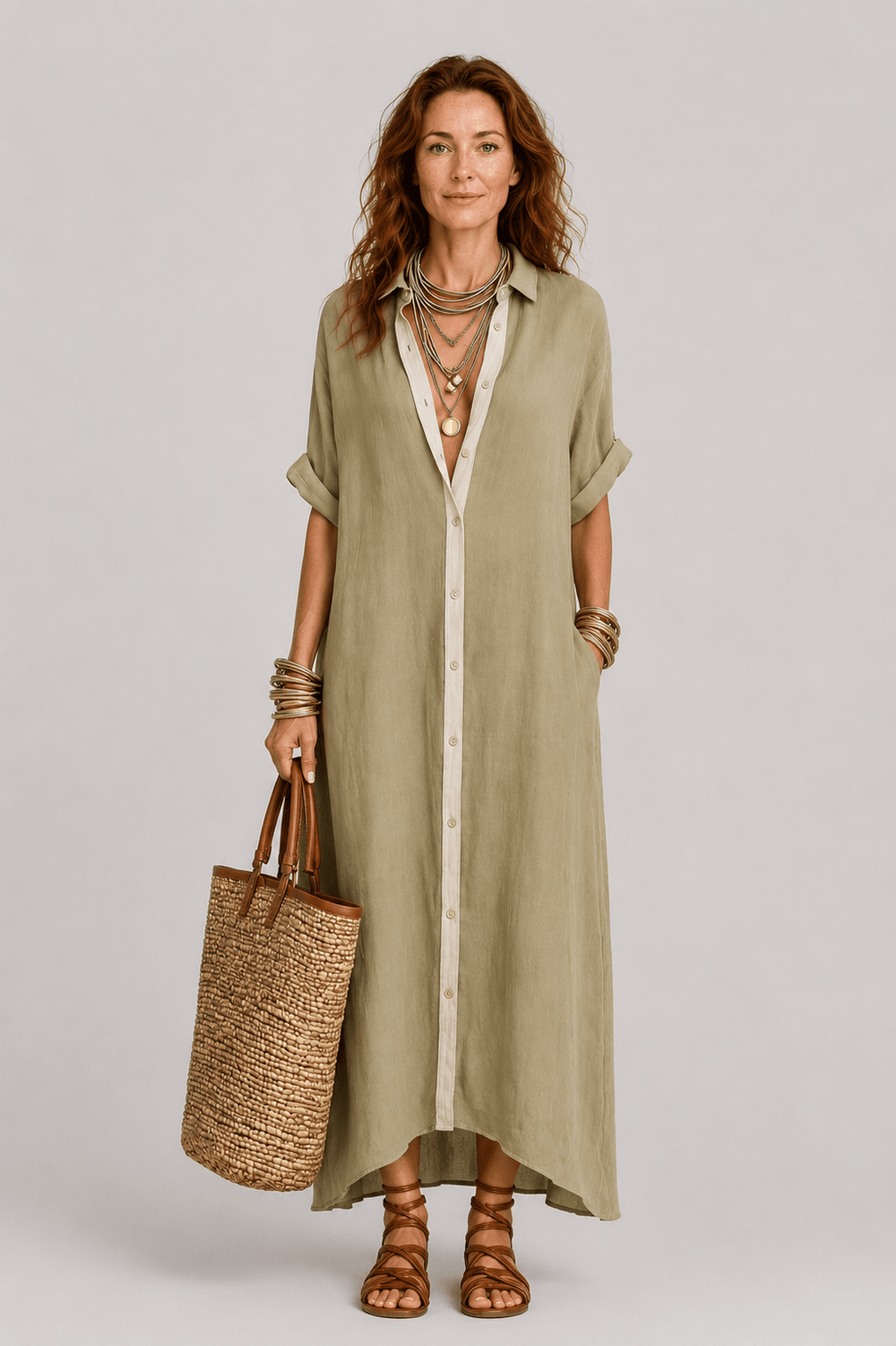 Manelle | Olive Green Maxi Dress with Minimalist Lines