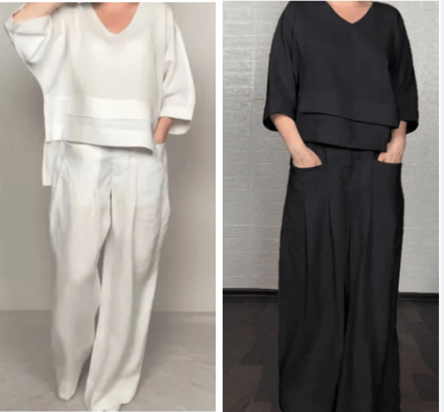 💎 Conjunto 2 Piezas de Algodón y Lino con Bajo Irregular – Top Escote en V + Pantalón Ancho, Transpirable y Elegante sin Esfuerzo 🍂👚