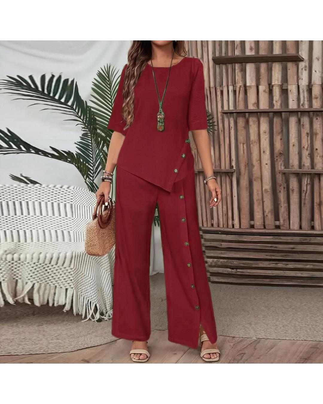 Elena - Conjunto elegante de top asimétrico y pantalón ancho - Camila Fashions