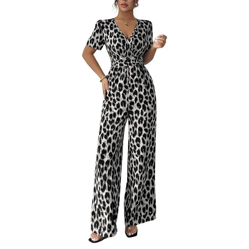Lara - Mono de leopardo con escote en V y pierna ancha