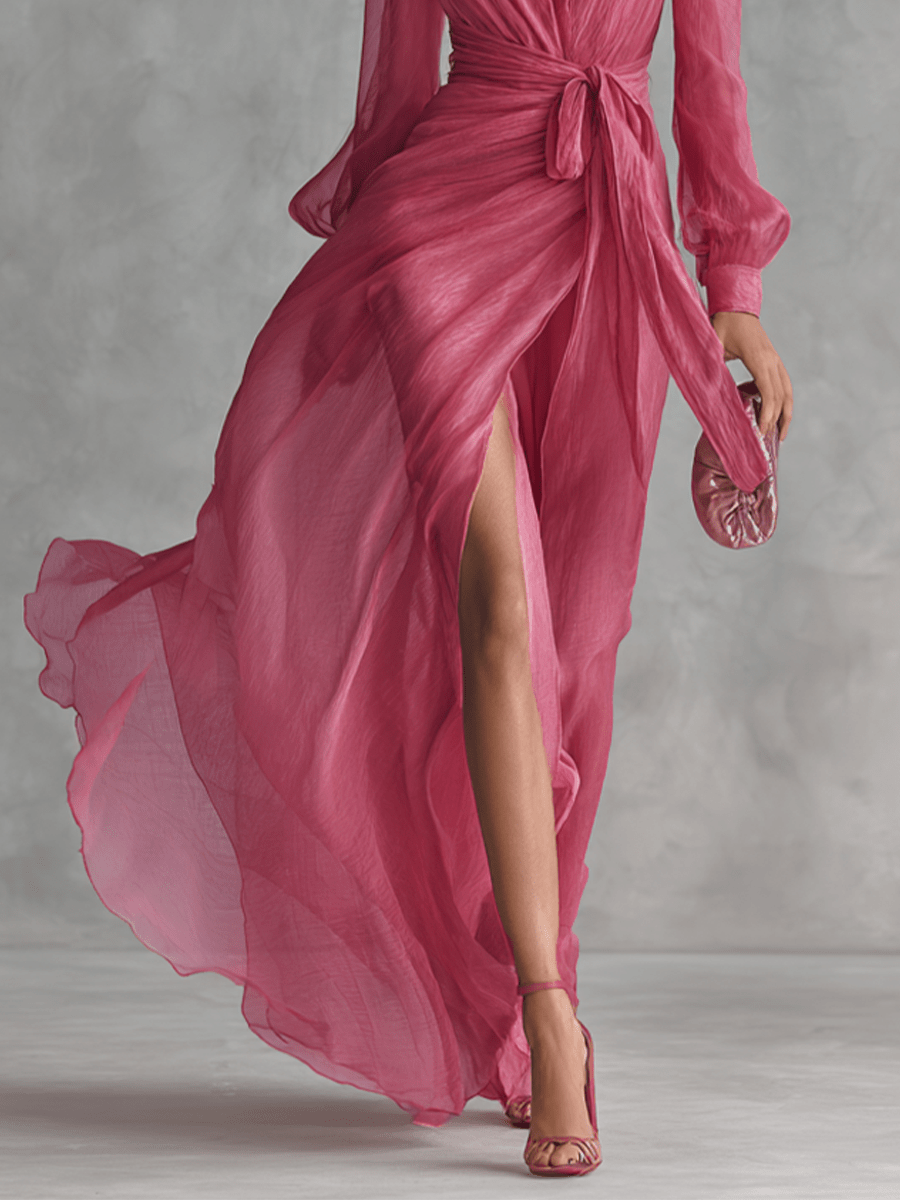 Vestido largo elegante de mujer en chifón rosa perla con escote en V y cinturón en la cintura