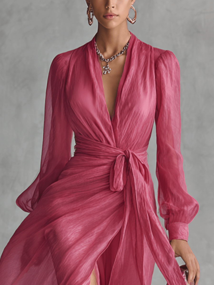 Vestido largo rosa de gasa con escote en V