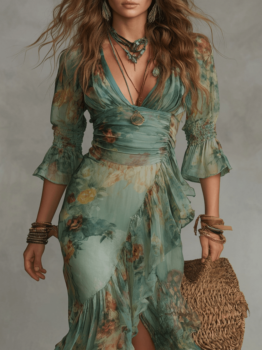 Vestido maxi de chifón verde hierba con volantes irregulares y abertura